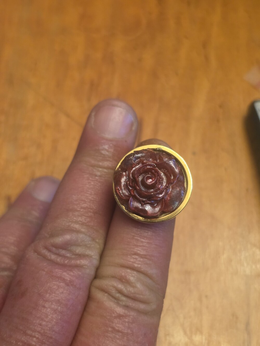Resin Red Rose In Gold Tone Round Bezel, Adjustable Ring